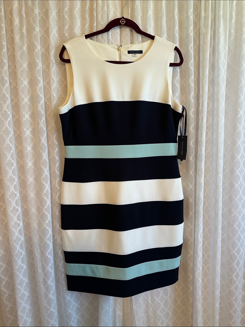#889 Tommy Hilfiger Black, White & Light Blue Striped Sleeveless Sheath Dress
